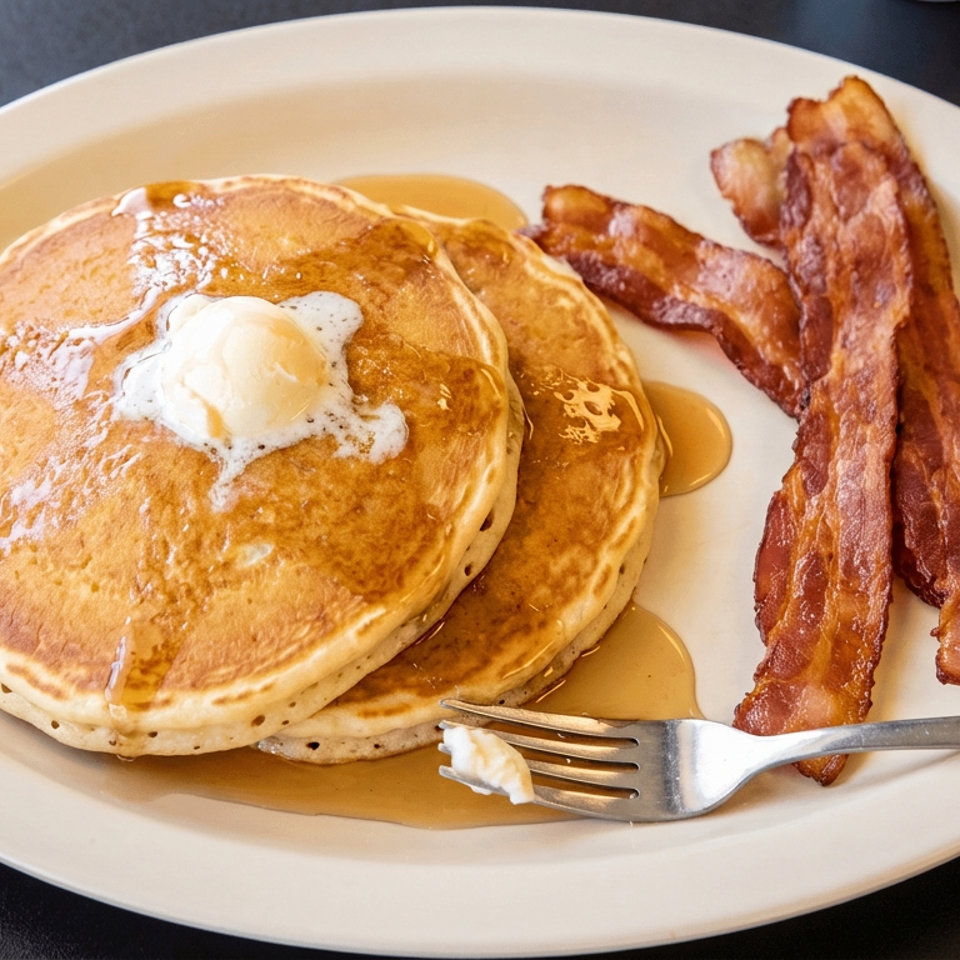 Stack of pancakes topped with butter and syrup, served with crispy bacon and a fork on a white plate.