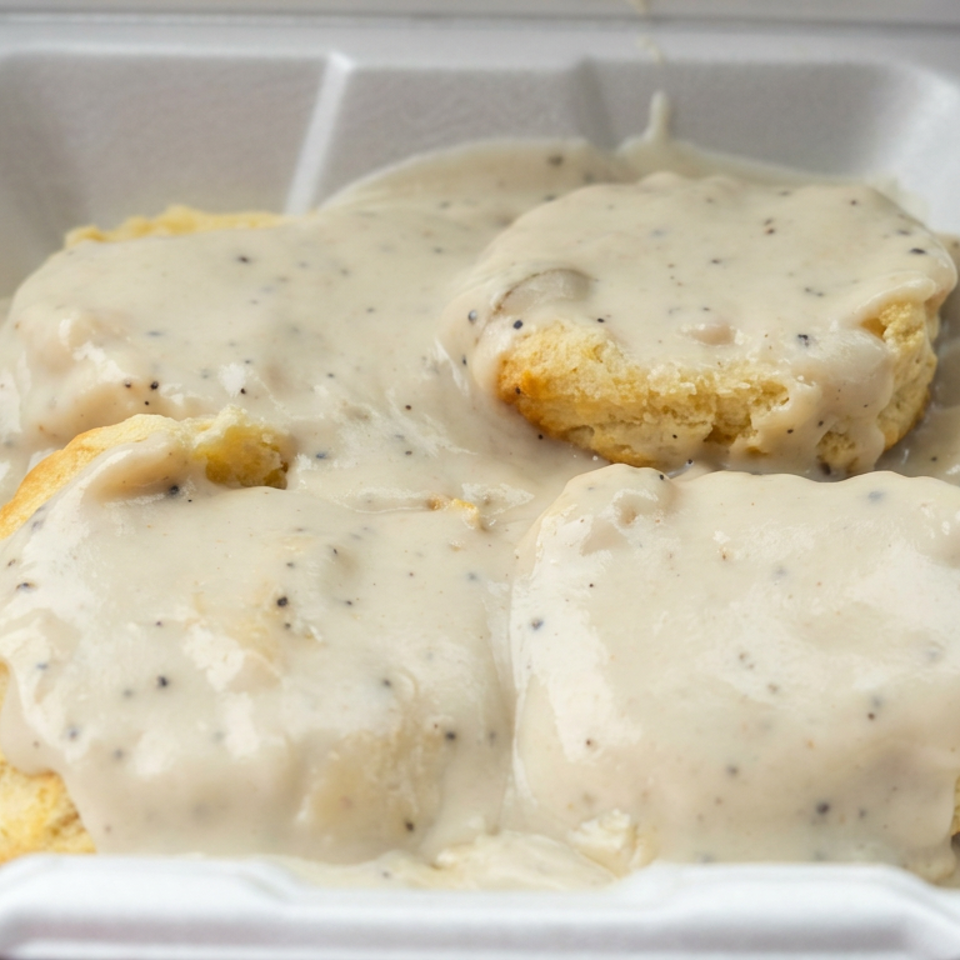 Three golden biscuits covered in creamy peppered gravy in a white takeout container.