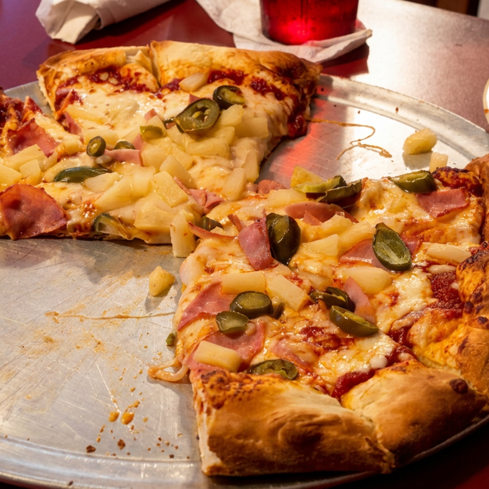 Slices of thick-crust pizza topped with ham, pineapple, and jalapeños on a metal serving tray at a restaurant table.