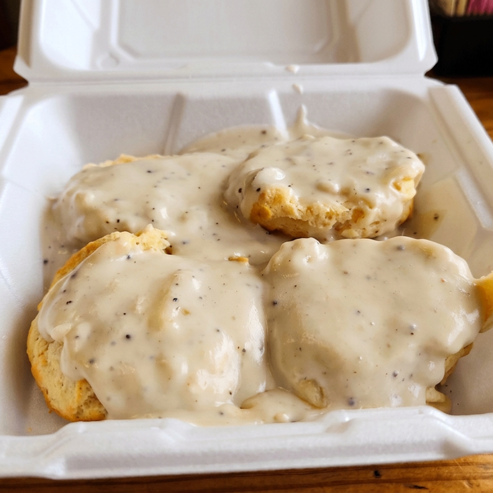 Four biscuits covered in creamy peppered sausage gravy sit in a foam takeout container on a wooden table.