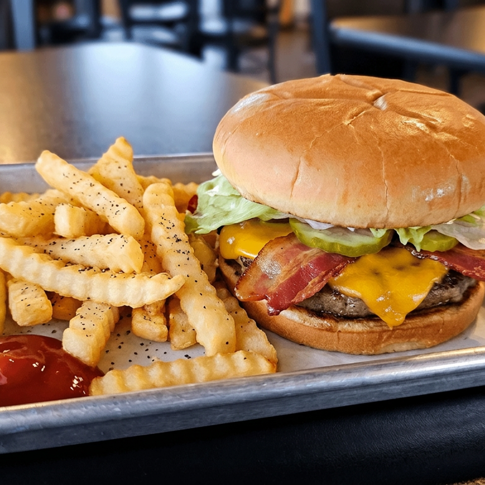 Bacon cheeseburger with lettuce, tomato, and onion served with seasoned crinkle-cut fries and ketchup on a metal tray.